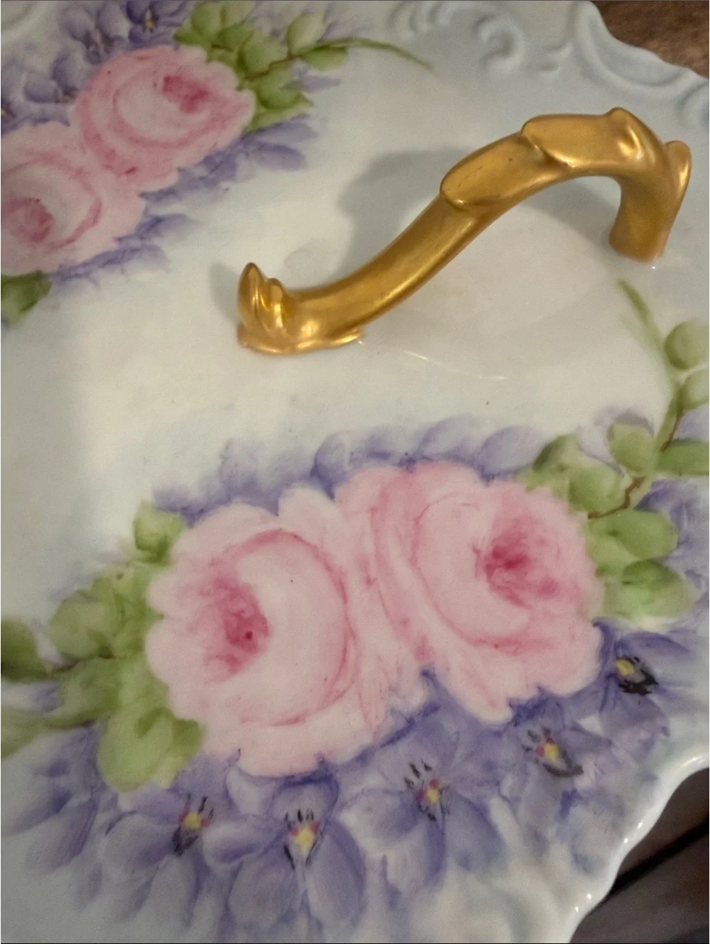 Floral Hand-Painted Porcelain Lemon Plate with Gold Handle